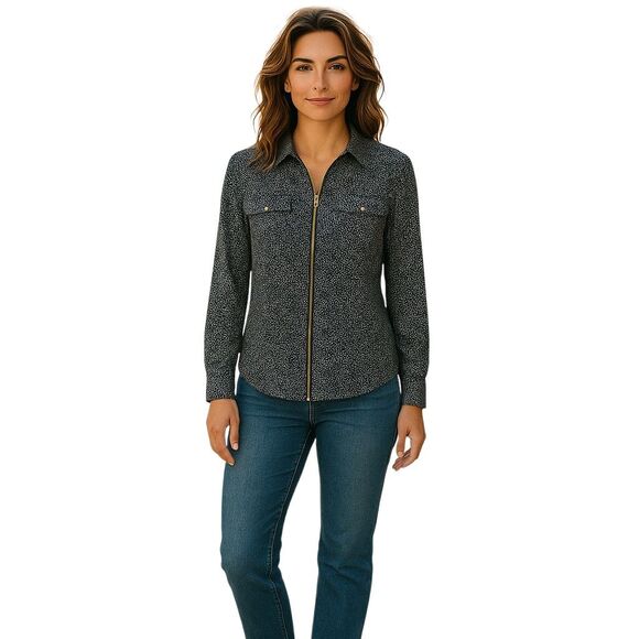Michael Kors Women's Floral Zip-Up Blouse V-Neck Long Sleeve M - Picture 2 of 8